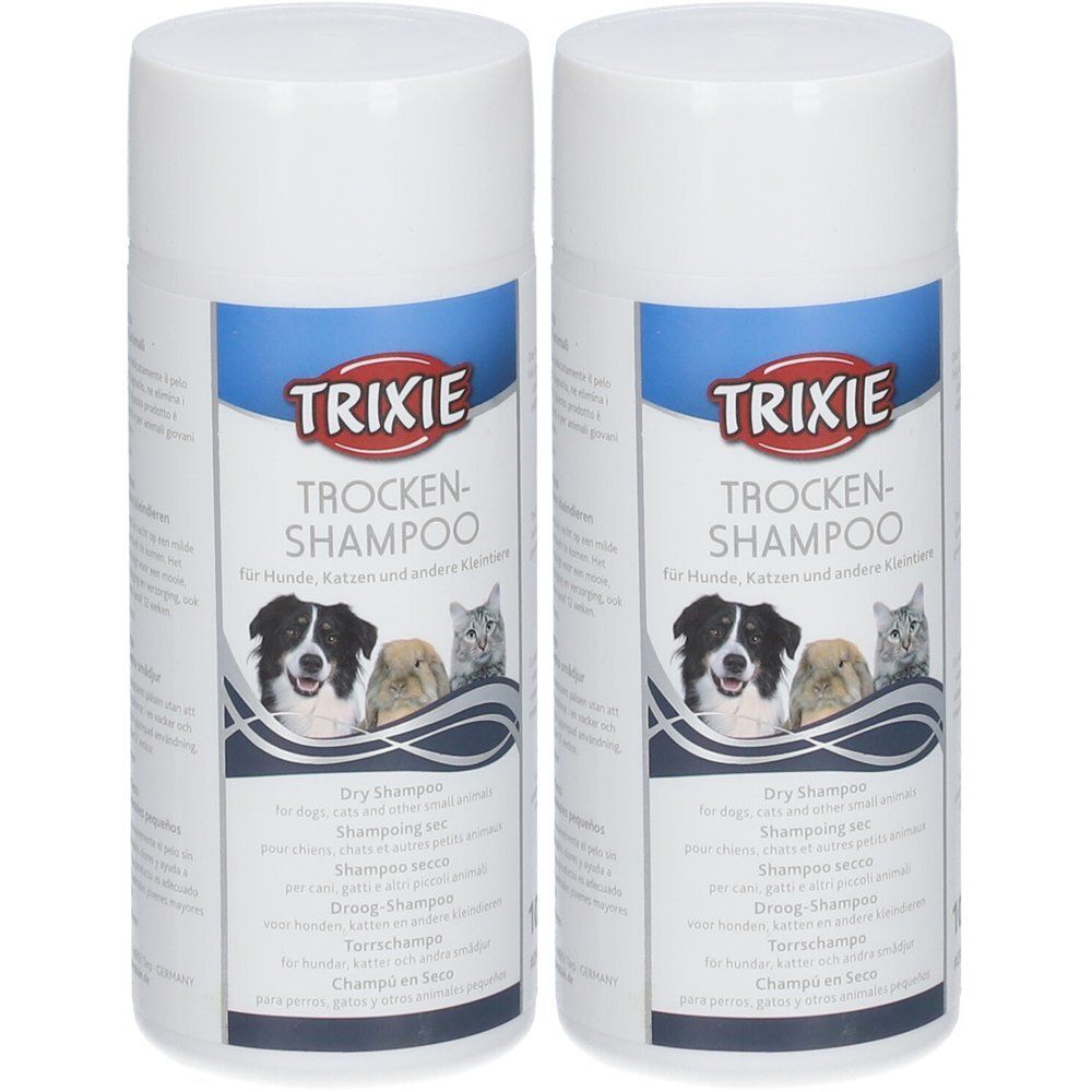 Due lattine bianche di shampoo secco Trixie per cani, gatti e piccoli animali.