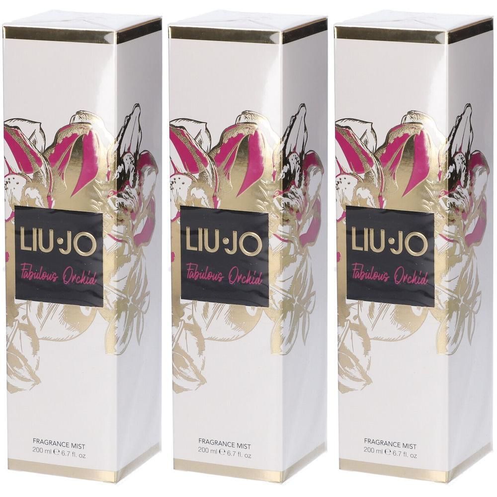 Tre scatole di Liu-Jo Fabulous Orchid Fragrance Mist, 200 ml. Confezione bianca con motivi di orchidee dorate e rosa.