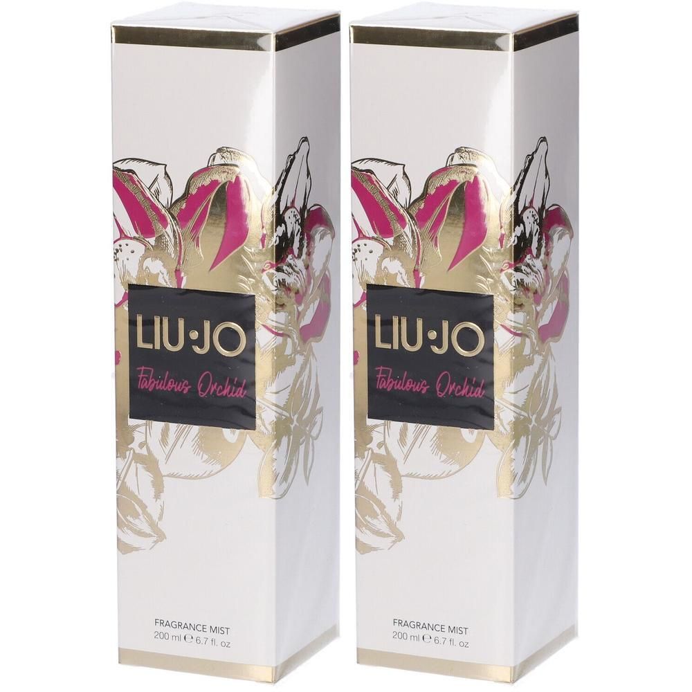 Due confezioni di fragranza spray Liu-Jo Fabulous Orchid con disegno di orchidee.