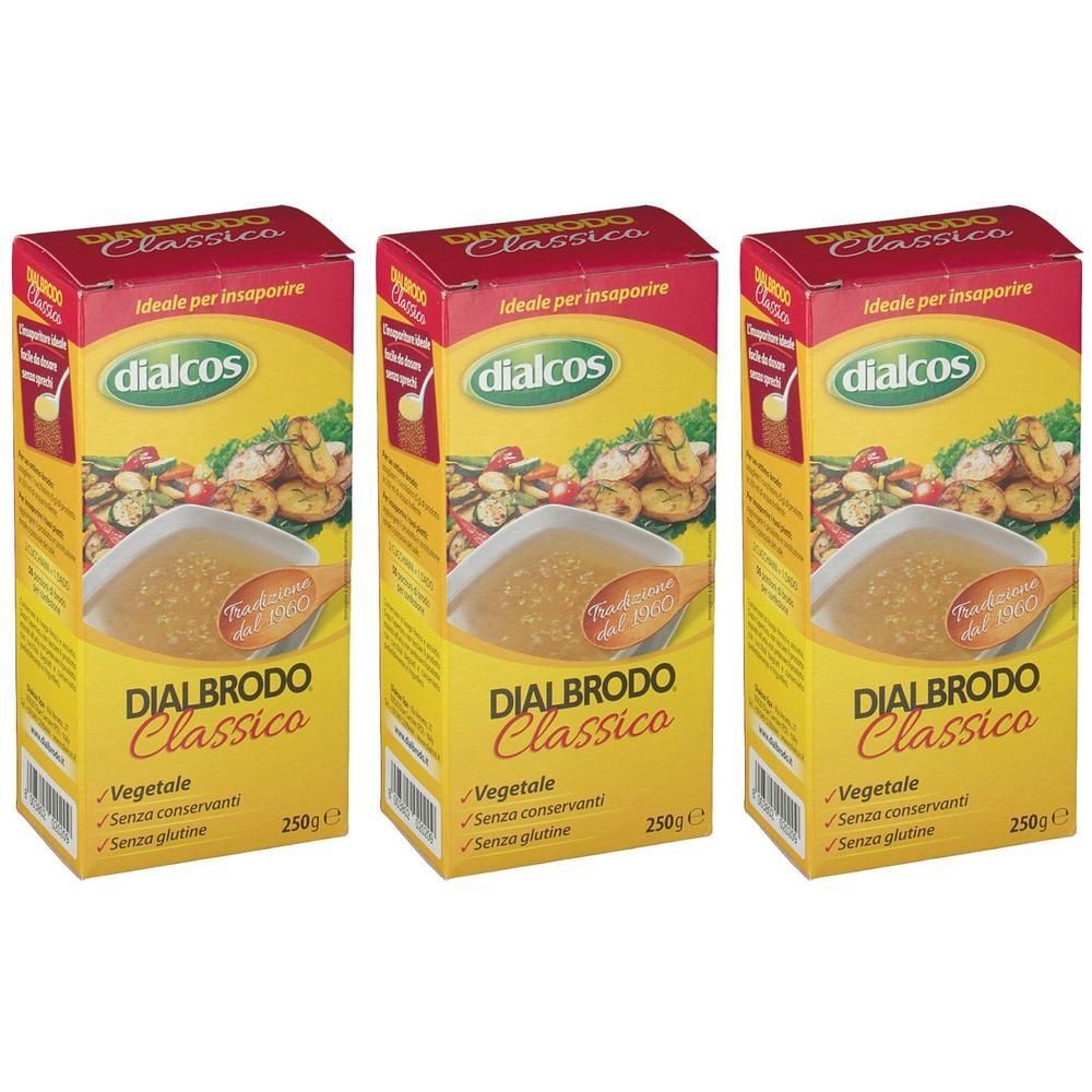 Tre confezioni di Dialcos Dialbrodo Classico, 250g. Vegetale, senza conservanti, senza glutine.