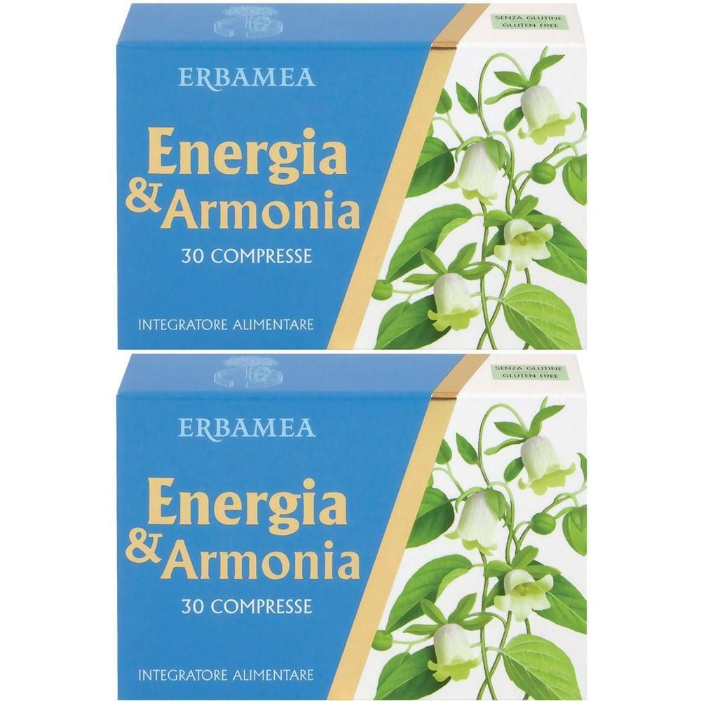 Due confezioni di Erbamea Energia & Armonia Compresse, 30 compresse per confezione. Con illustrazione floreale.
