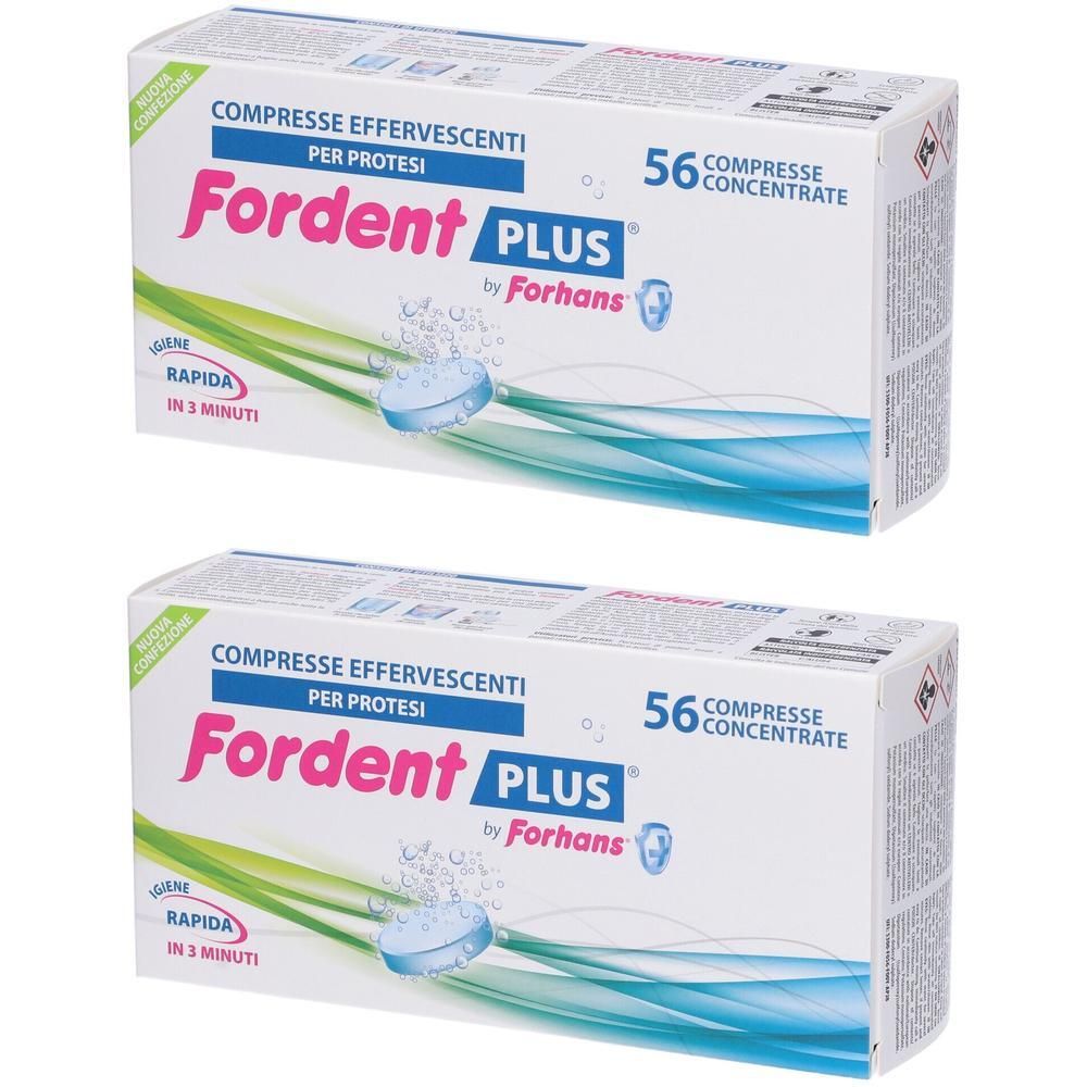Compresse effervescenti Fordent Plus per protesi, 2 confezioni da 56 pezzi.