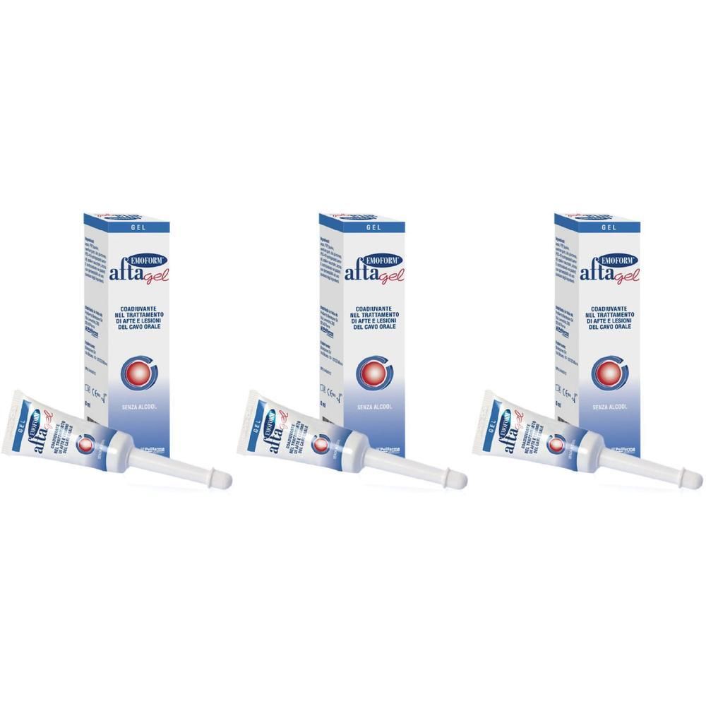 Tre confezioni di Alta Gel: tubetto con applicatore e scatola. Confezione blu e bianca con logo cerchio rosso.