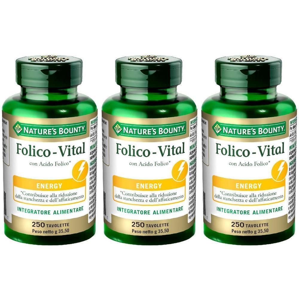 Tre flaconi di Nature's Bounty Folico-Vital con Acido Folico, 250 tavolette per flacone.