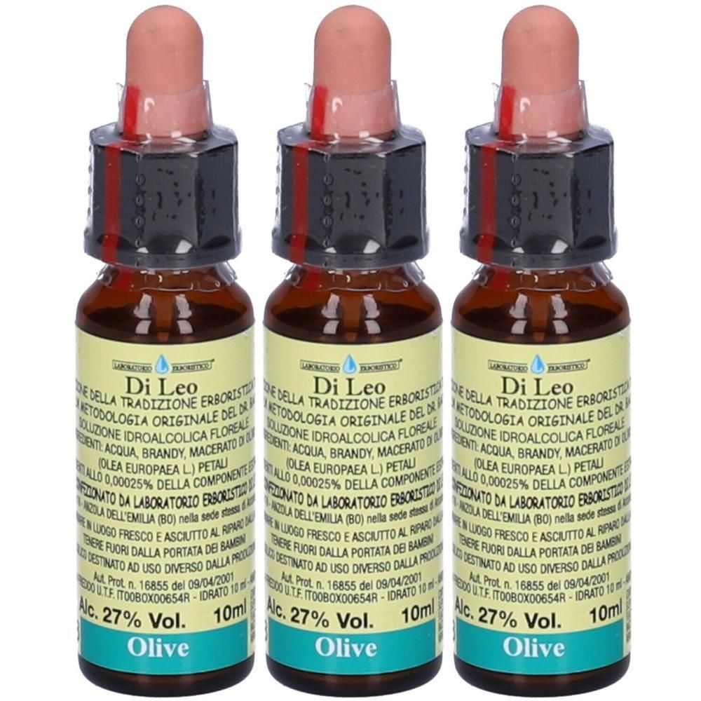 Tre flaconi in vetro marrone con contagocce, contenenti essenza floreale Olive. 10ml.