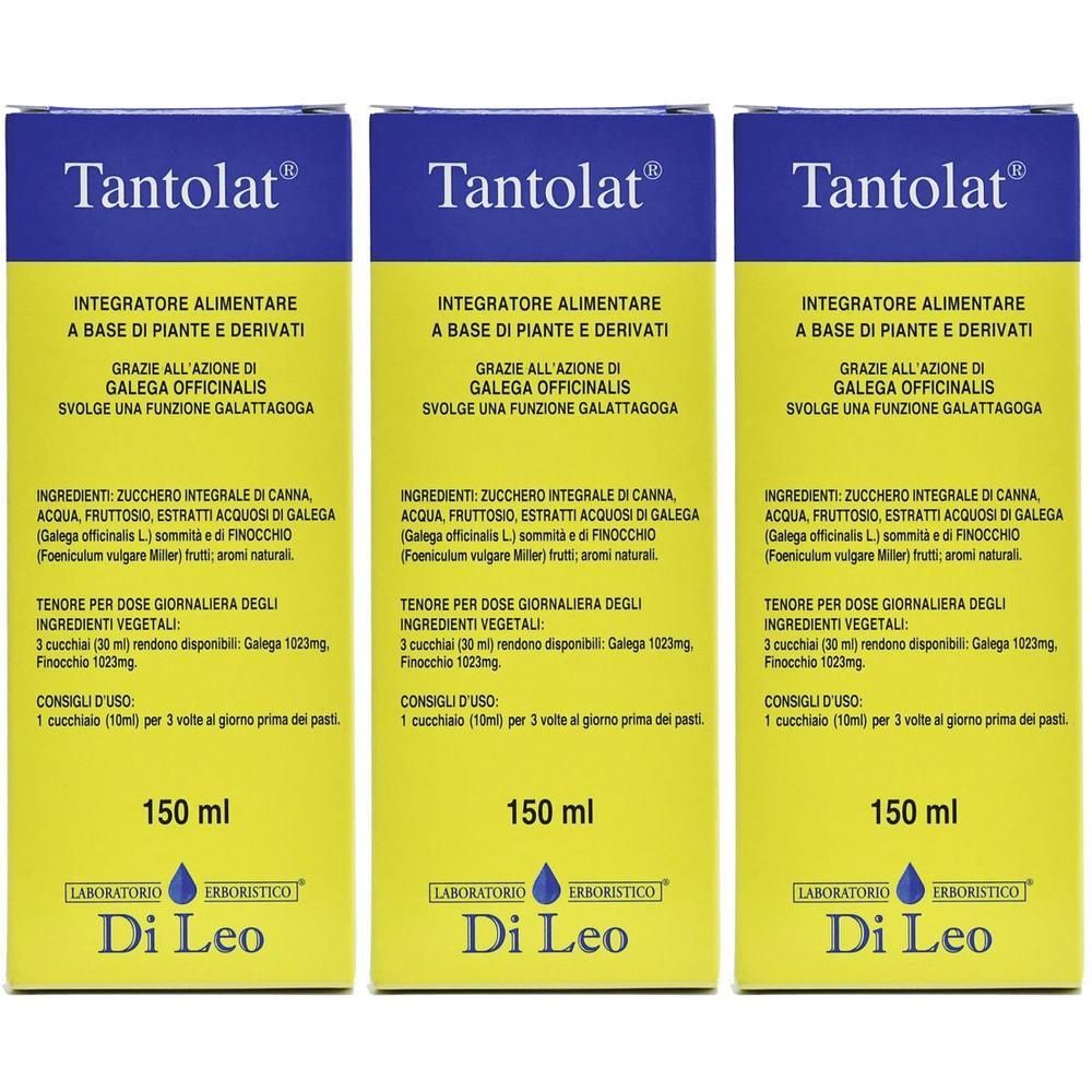 Tre flaconi di Tantolat, 150 ml, con informazioni su ingredienti e uso.
