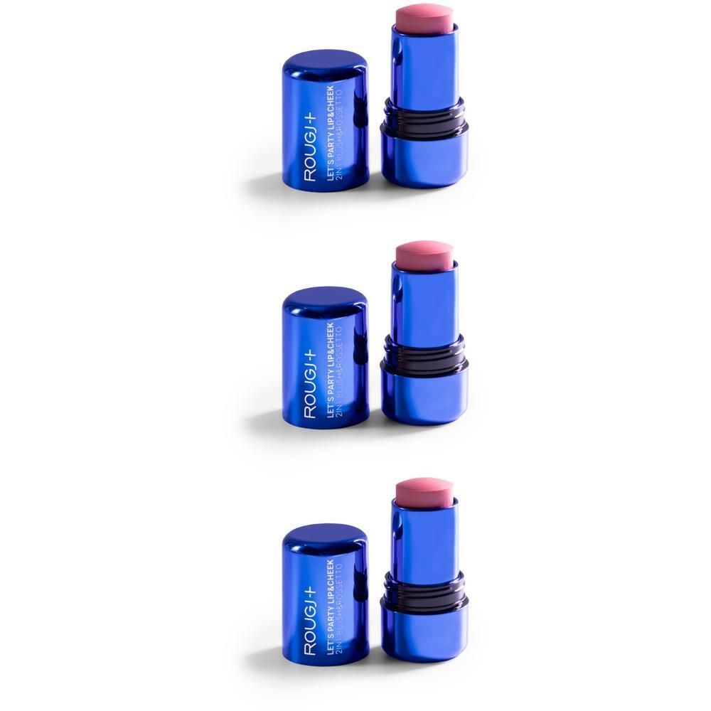 Due rossetti Rougj+ blu con punta rosa, uno aperto, l'altro chiuso.