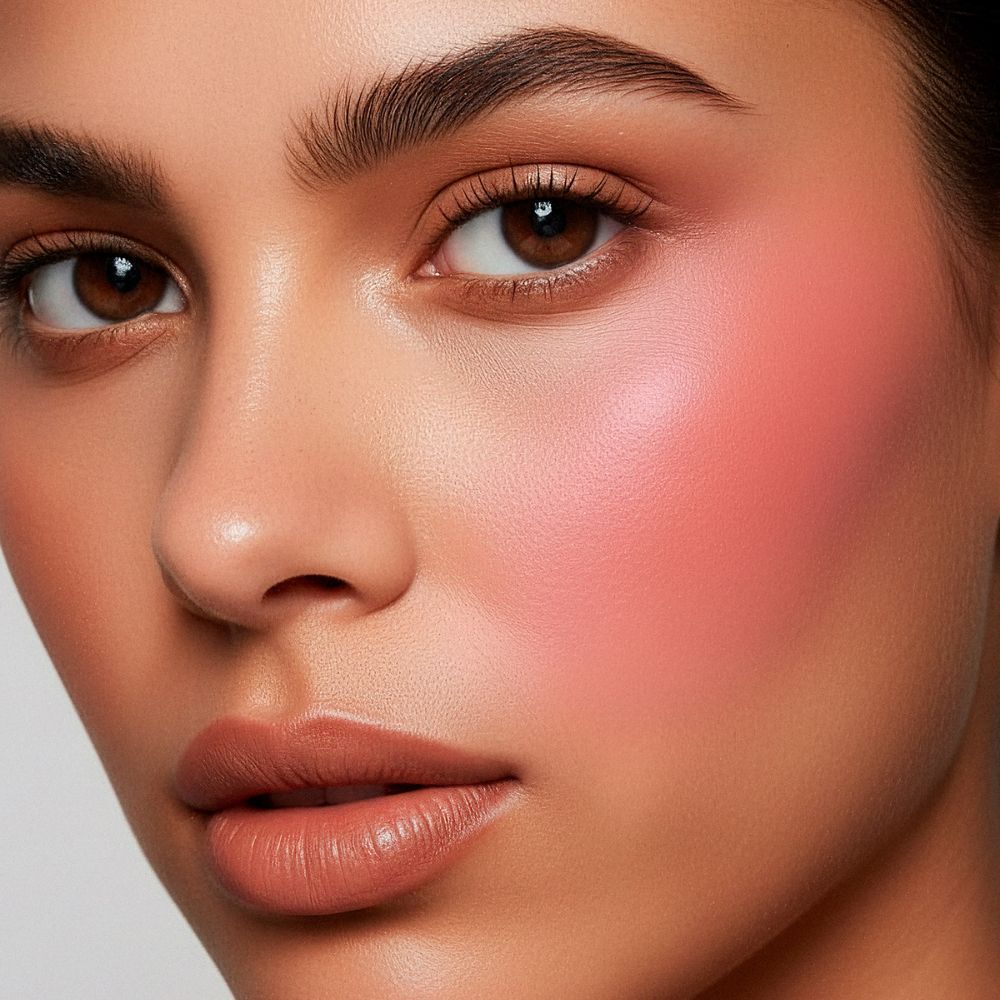 Primo piano di un viso con fard rosa applicato sugli zigomi.