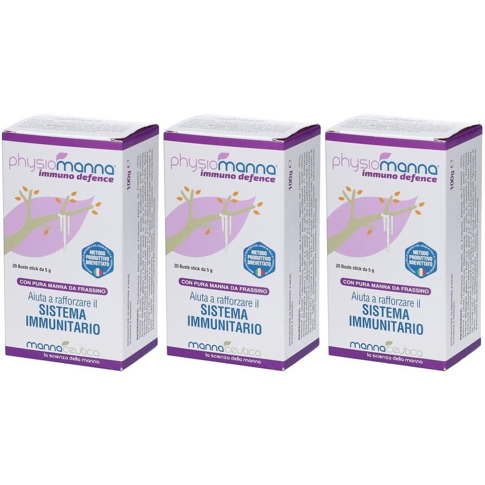 Tre confezioni di Physiomanna Immuno Defence, 20 bustine ciascuna. Motivo a polmone sulla confezione.