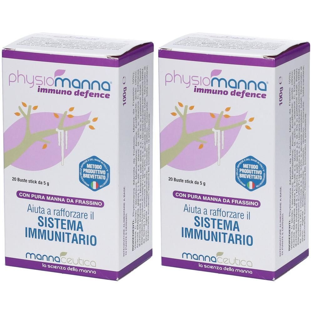 Due confezioni "Physiomanna Immuno Defence" da 20 bustine da 5g ciascuna. Contiene pura manna da frassino per rafforzare il sistema immunitario.