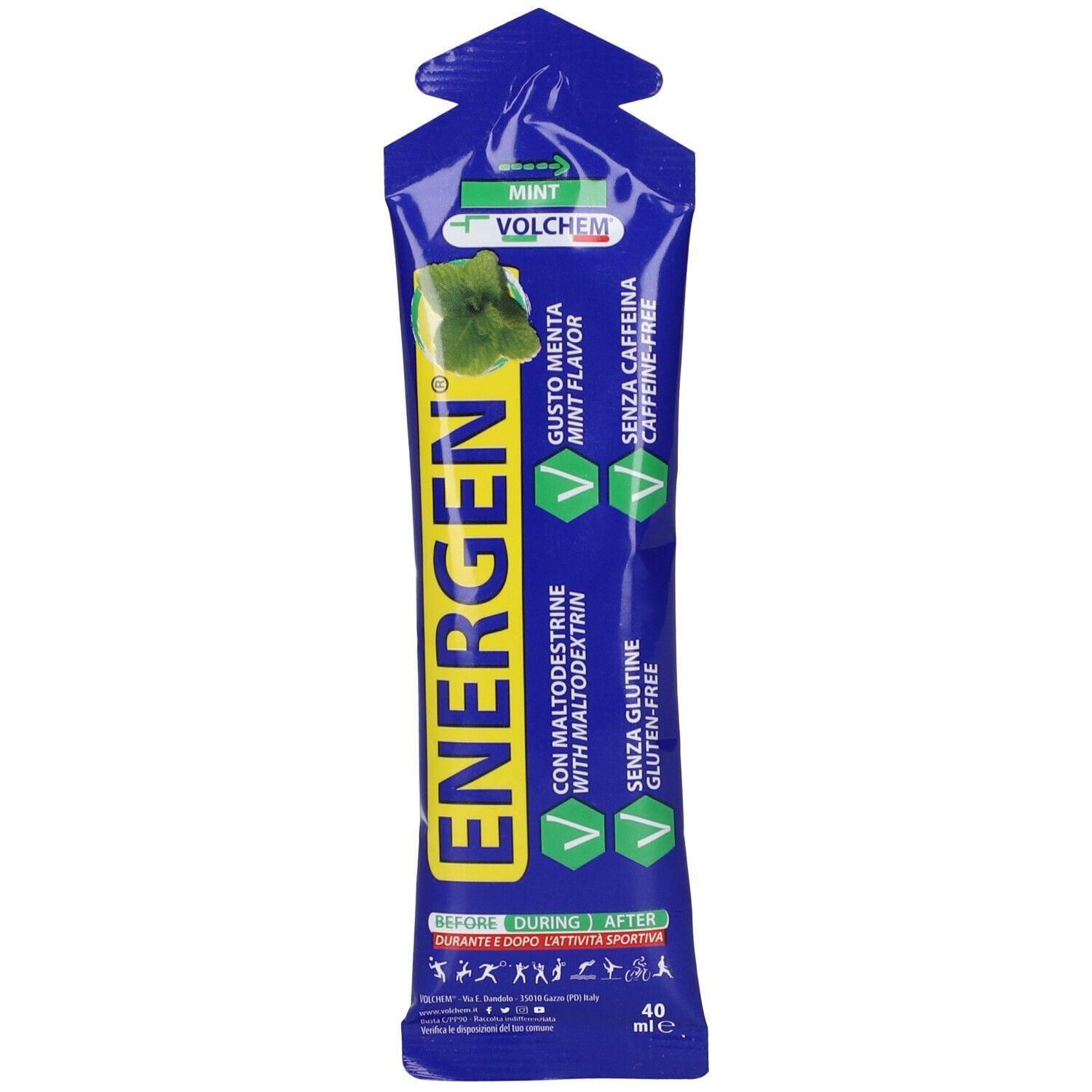 Bustina VOLCHEM Energen Gel Menta con maltodestrine, senza caffeina e glutine.