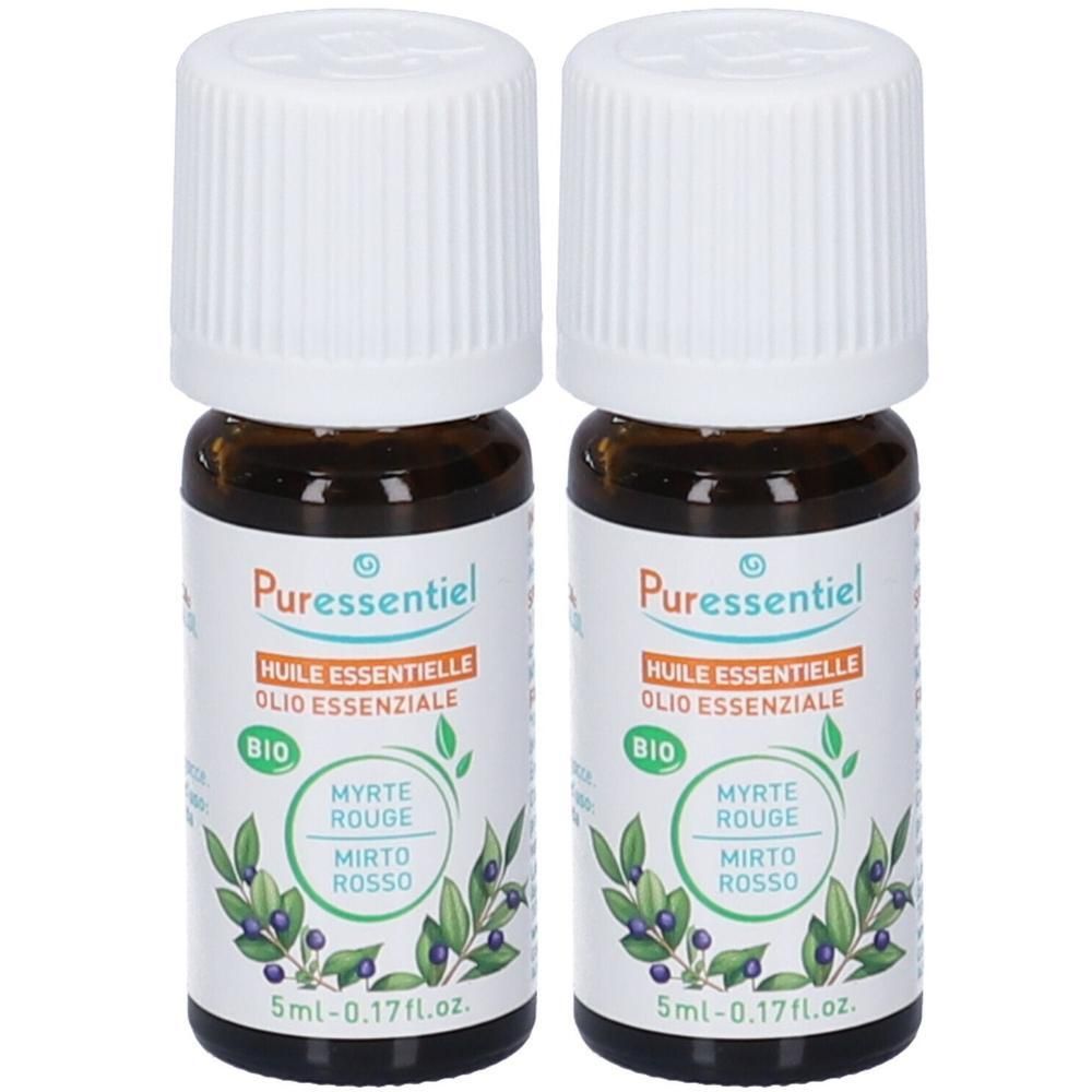 Due flaconcini di olio essenziale di Mirto Bio Puressentiel. Vetro marrone, tappi bianchi. Etichette con bacche blu e foglie.