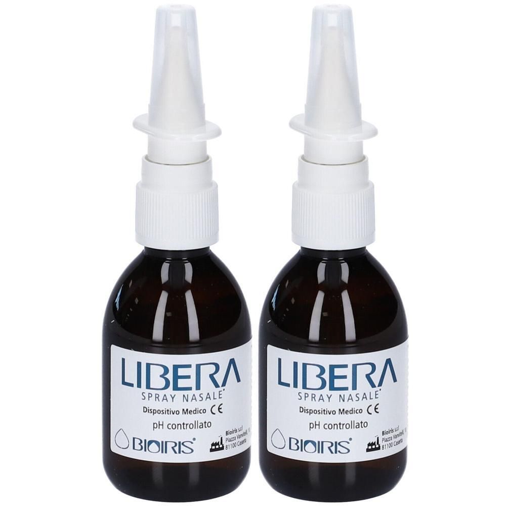 Due flaconi spray nasale marroni con applicatori bianchi ed etichette che riportano 'LIBERA'.