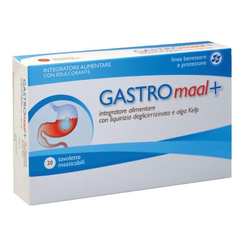 Confezione GASTROmaal+ da 20 tavolette masticabili, con immagine dello stomaco.