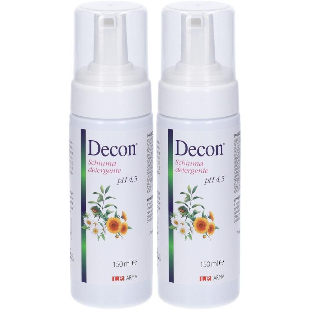 Due flaconi di Decon Schiuma detergente pH 4,5. Con motivo floreale e dispenser a pompa.
