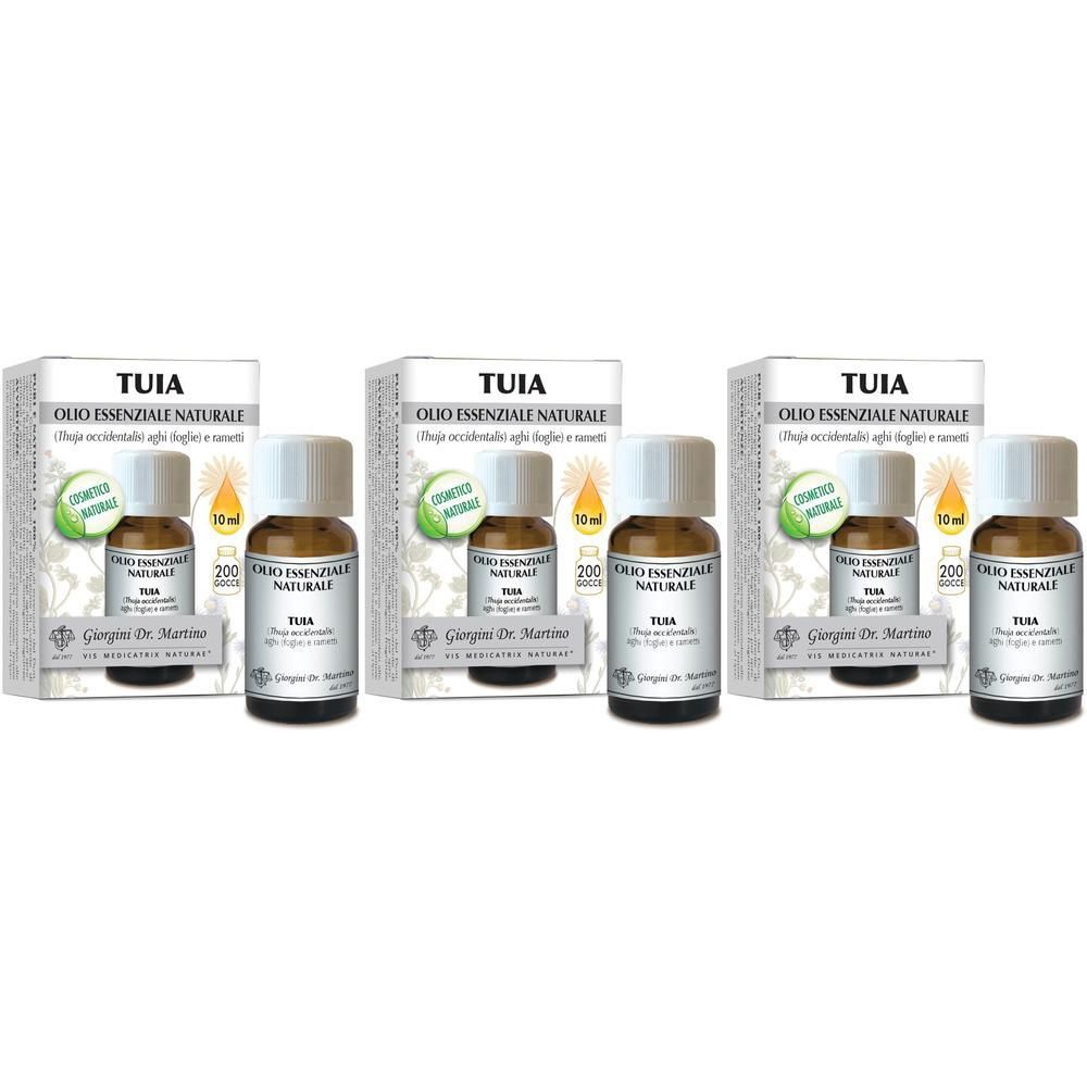 Tre confezioni di olio essenziale di Tuia Giorgini Dr. Martino, flacone da 10 ml.