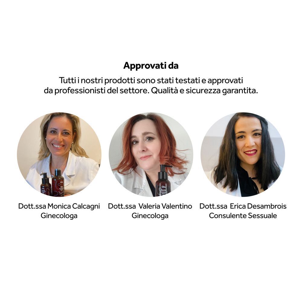 Tre donne, ginecologa e consulente sessuale, con flaconi di prodotto. Testo: 'Approvati da professionisti'.