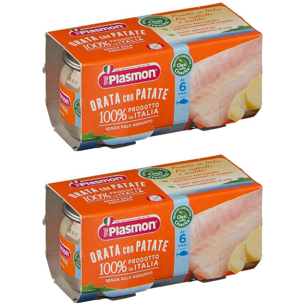Plasmon Orata con Patate: pesce e patate, 100% prodotto italiano, senza sale aggiunto.