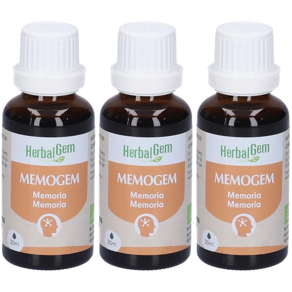 Tre flaconi HerbalGem Memogem Memoria con tappi ed etichette bianchi.