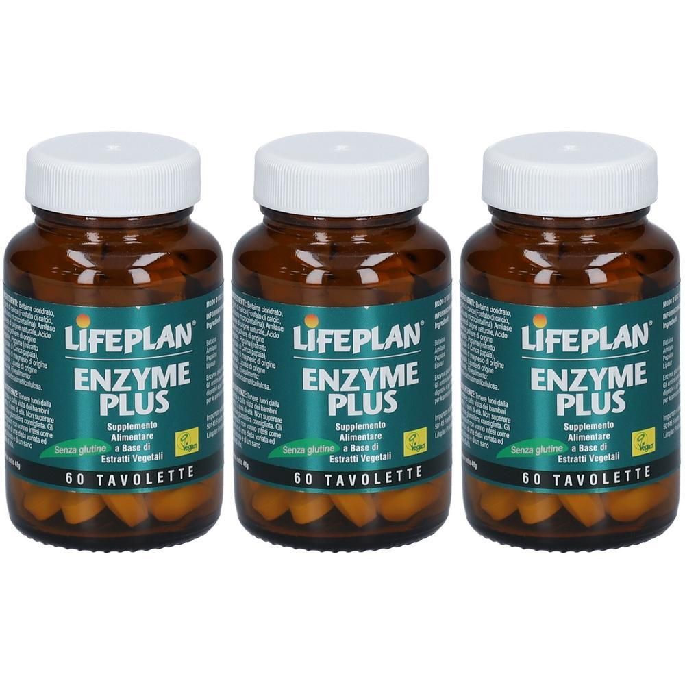 Tre flaconi di LIFEPLAN Enzyme Plus, integratori alimentari, 60 tavolette ciascuno.