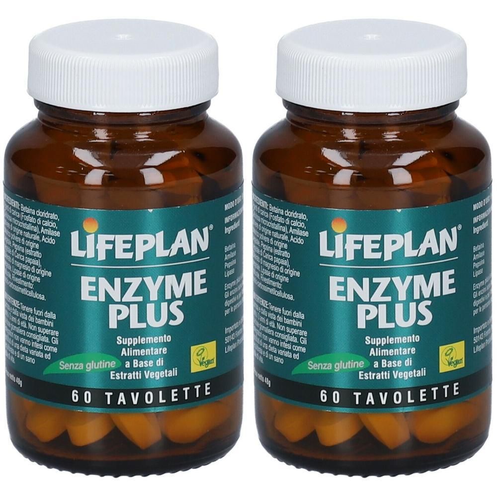 Due flaconi di LIFEPLAN® Enzyme Plus, integratore alimentare, 60 tavolette per flacone.