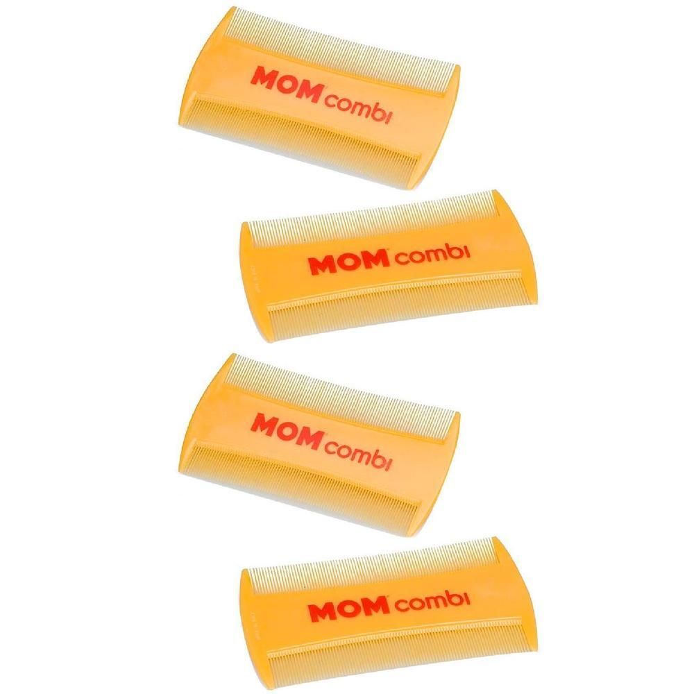 Quattro pettini per pidocchi arancioni con denti metallici fini e la scritta 'MOM combi'.