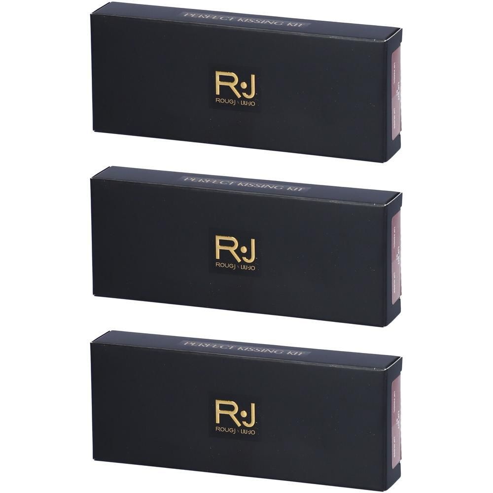 Tre scatole nere con logo dorato "RJ" e scritta "PERFECT KISSING KIT".