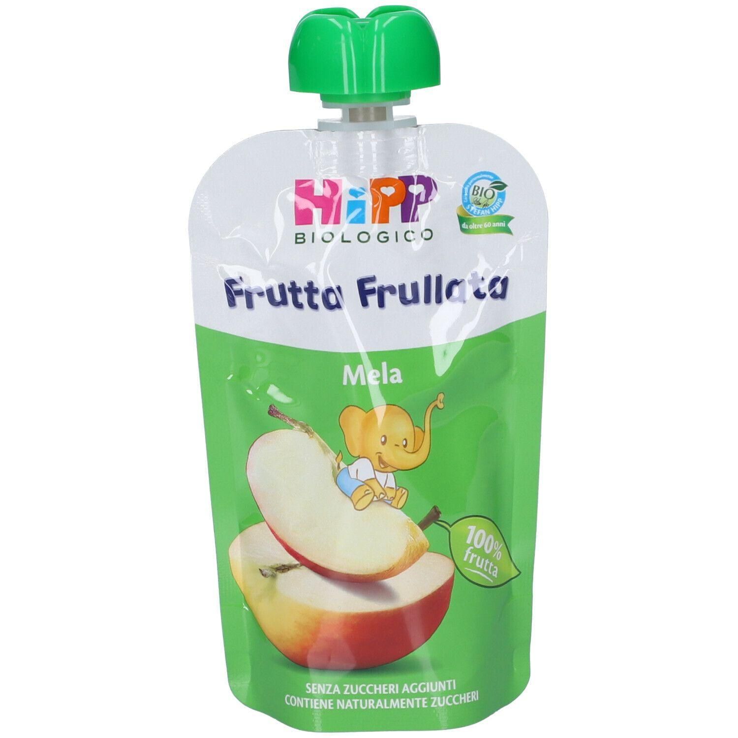 Hipp Biologico Frutta Frullata Mela in bustina con tappo verde. Raffigura una mela e un elefante.
