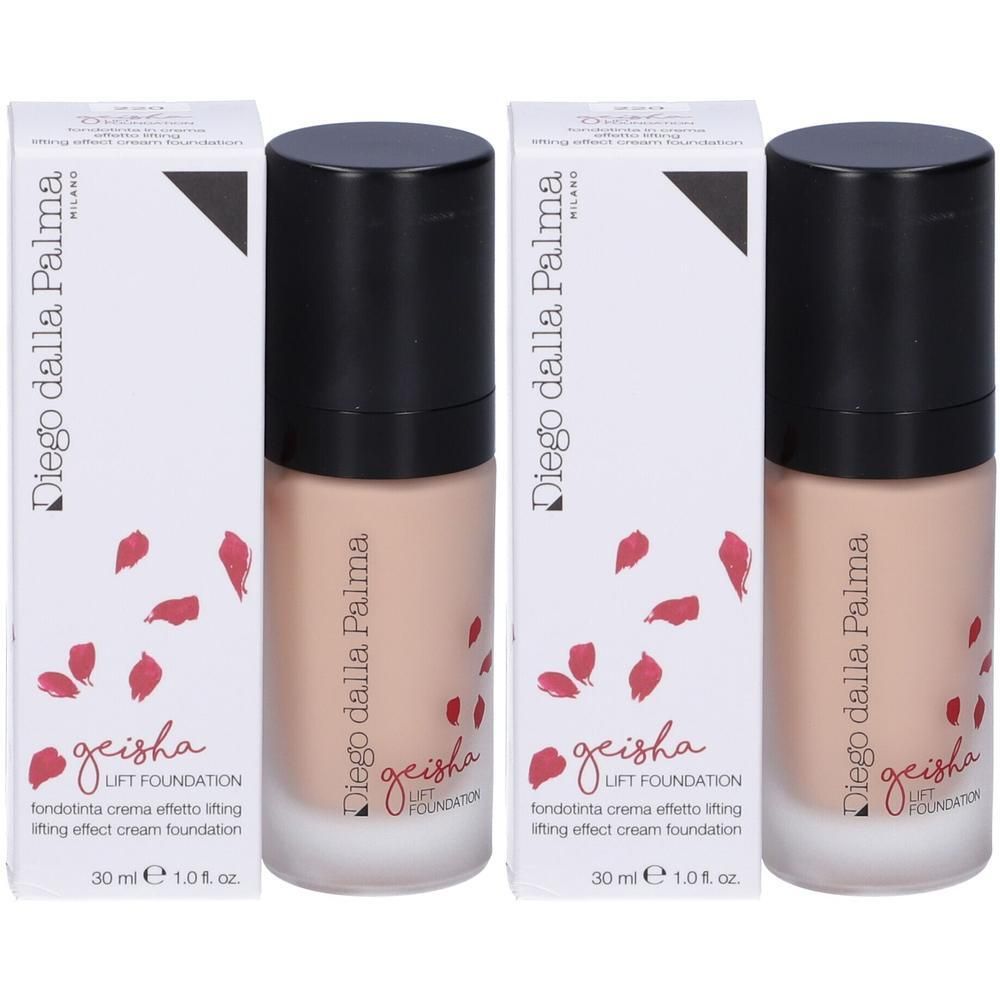 Due flaconi di fondotinta Diego dalla Palma Geisha Lift color beige chiaro con tappi neri e scatole bianche.