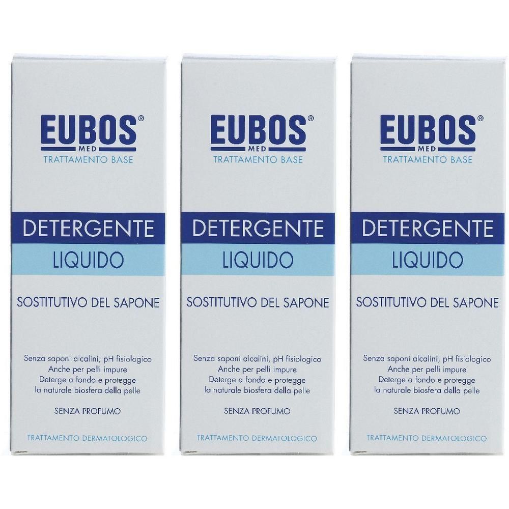 Tre confezioni di detergente liquido Eubos Med, trattamento base, testato dermatologicamente.