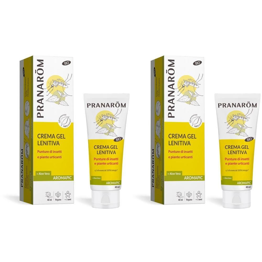 Due tubi e scatole Pranarôm Crema Gel Lenitiva con simbolo di zanzara.