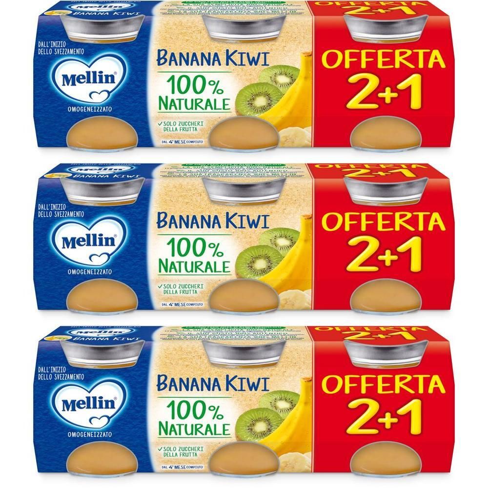 Mellin Banana Kiwi omogeneizzato in vasetti, 100% naturale, offerta 2+1.