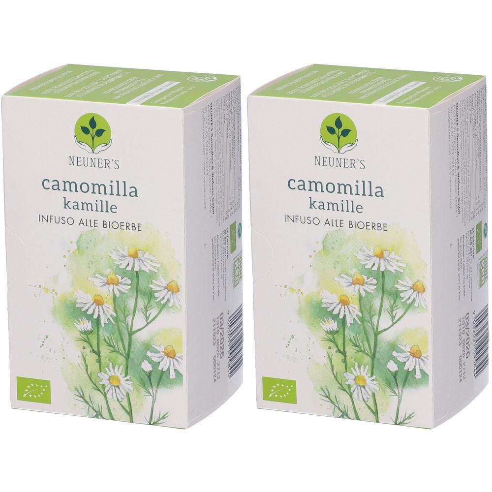Due confezioni di Tisana Camomilla Bio Neuner's con illustrazione di fiori di camomilla e sigillo Bio.