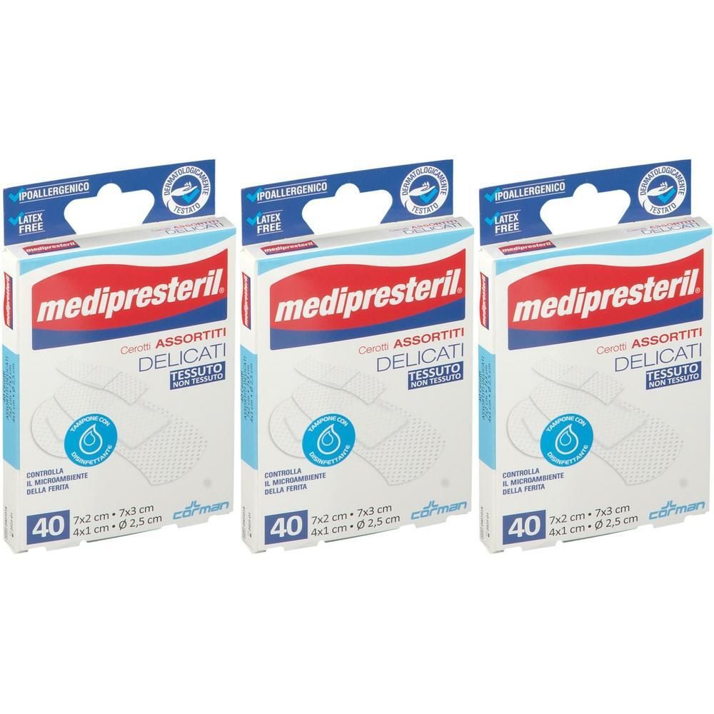 Tre confezioni di cerotti Medipresteril®, senza lattice, ipoallergenici. 40 pezzi per confezione.