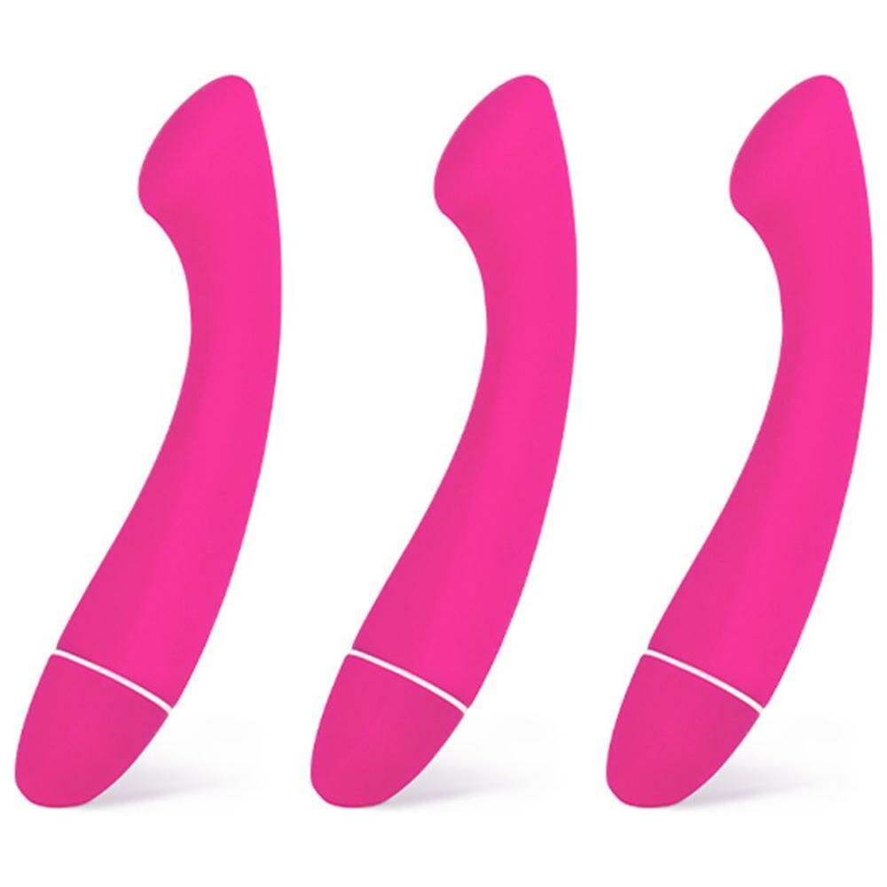Tre vibratori rosa dalla forma curva con anello bianco alla base.
