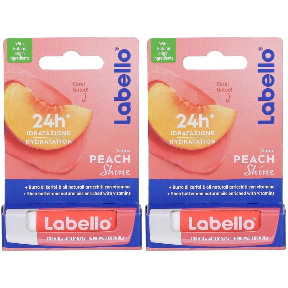 Due balsami Labello Peach Shine in confezione doppia. Immagine pesca, idratazione 24h.