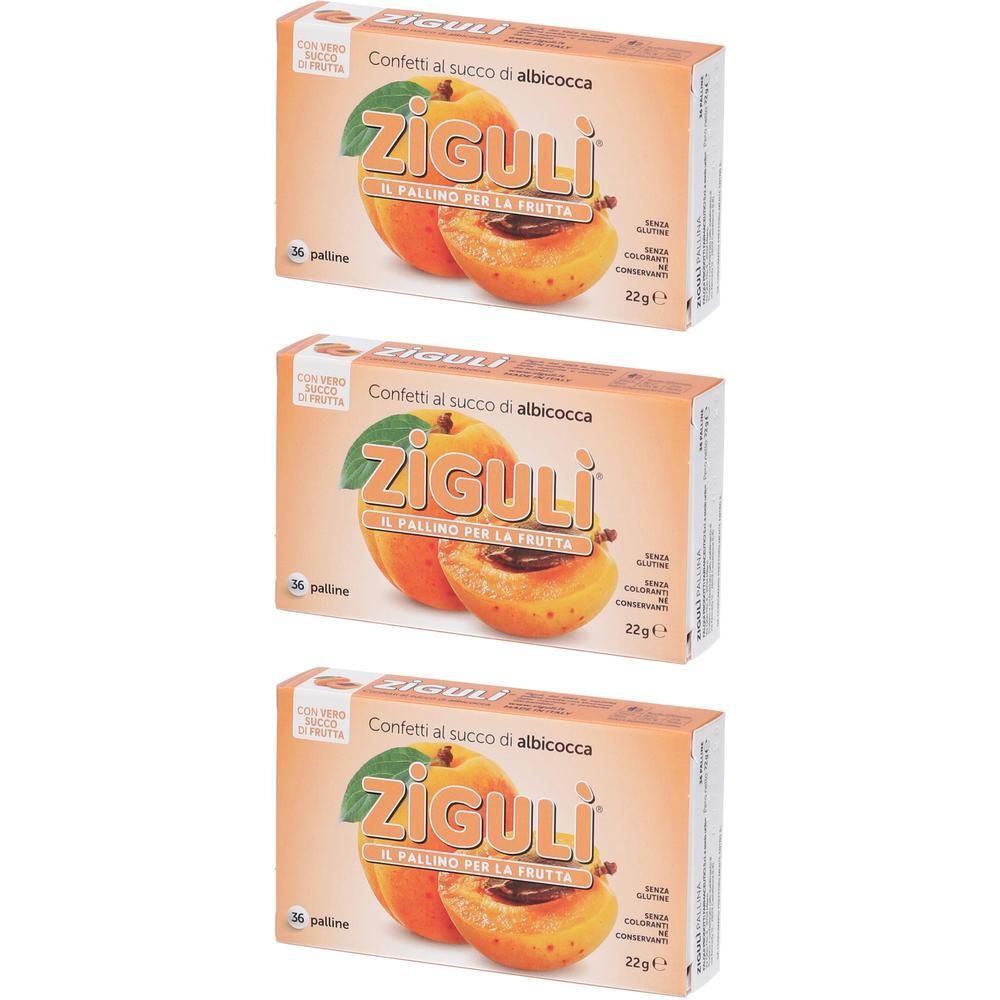 Tre scatole di confetti Ziguli Albicocca, 36 palline per scatola, 22g. Raffigurano albicocche.