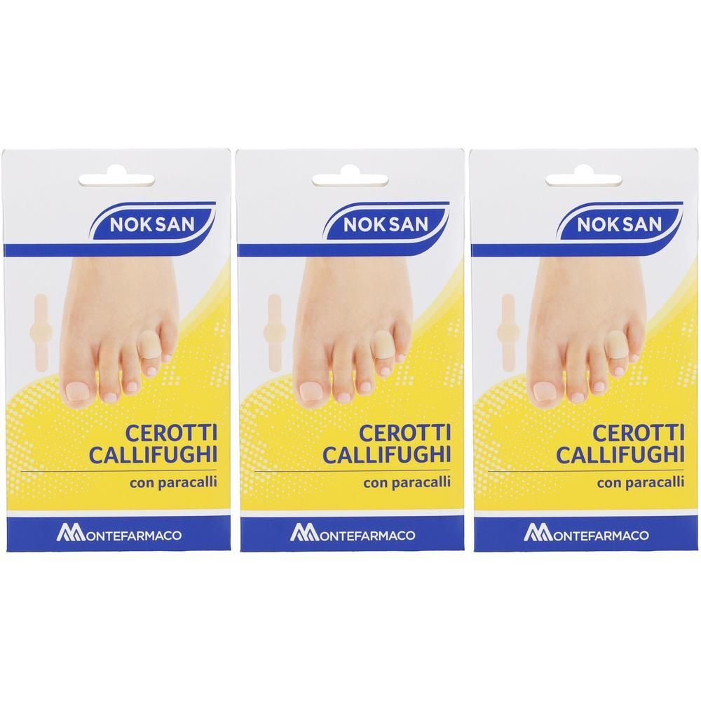 Tre confezioni di cerotti Noksan per calli con paracalli. Mostra un piede con cerotti applicati.