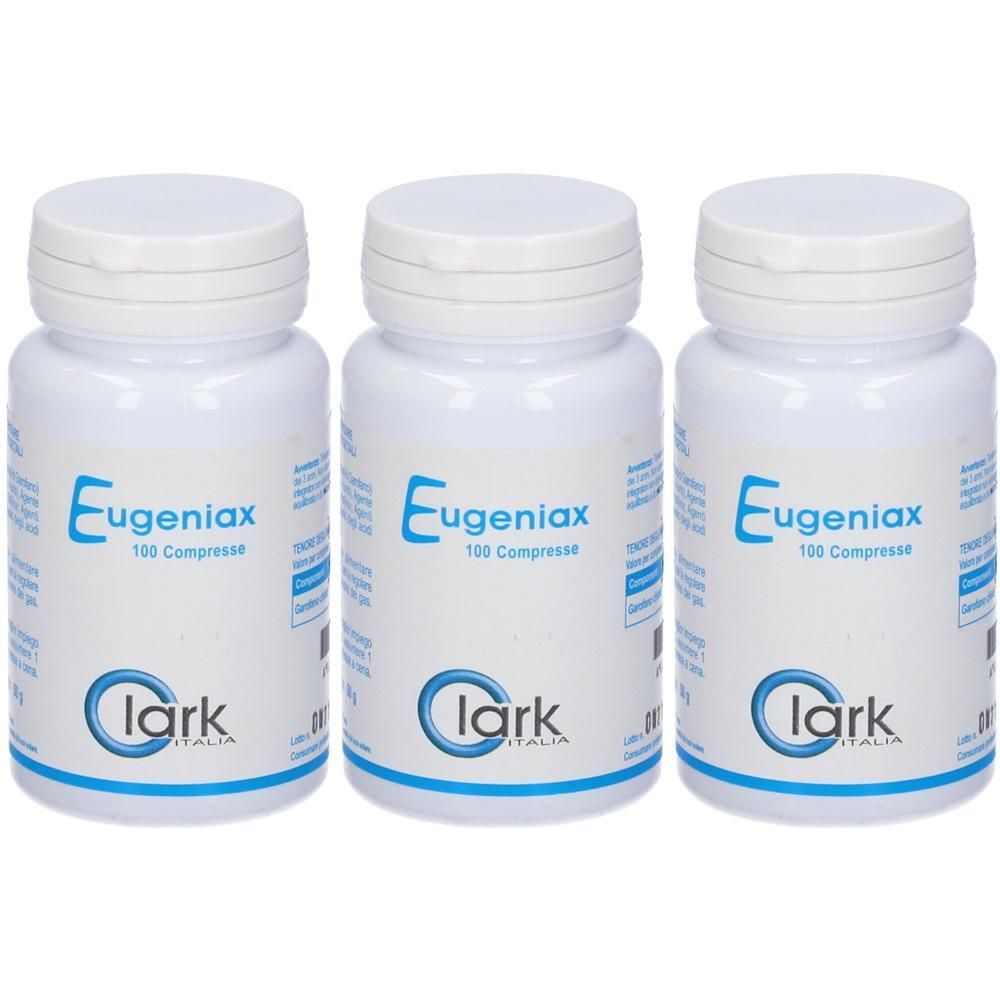 Tre flaconi bianchi con Eugeniax 100 Compresse di Clark Italia.
