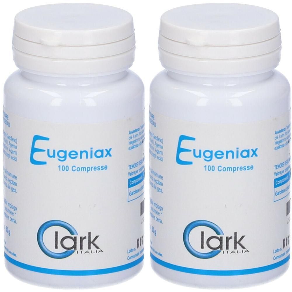 Due contenitori bianchi con Eugeniax 100 Compresse e logo Clark Italia.