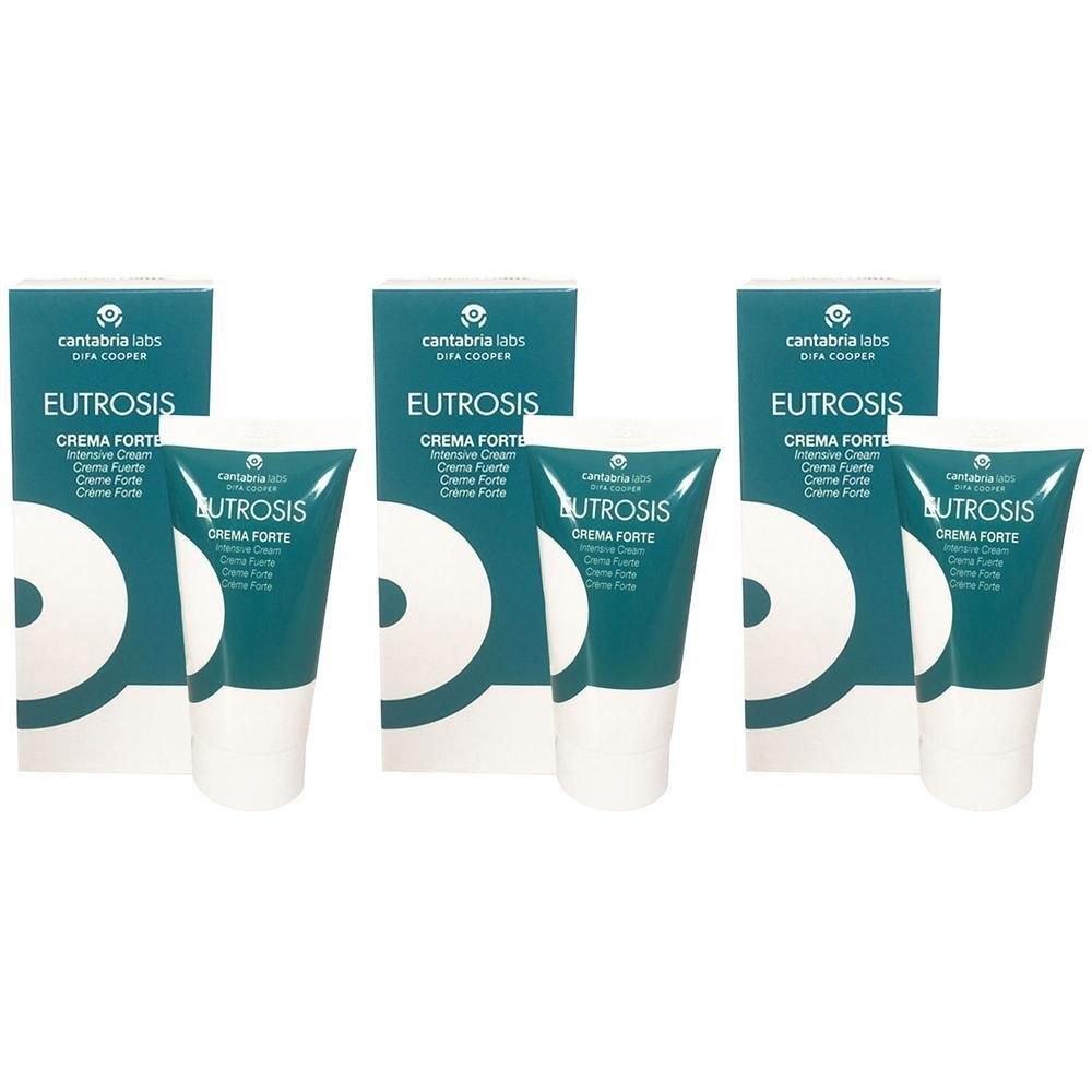 Tre tubi di Eutrosis Crema Forte con scatole. Confezione verde e bianca con testo.