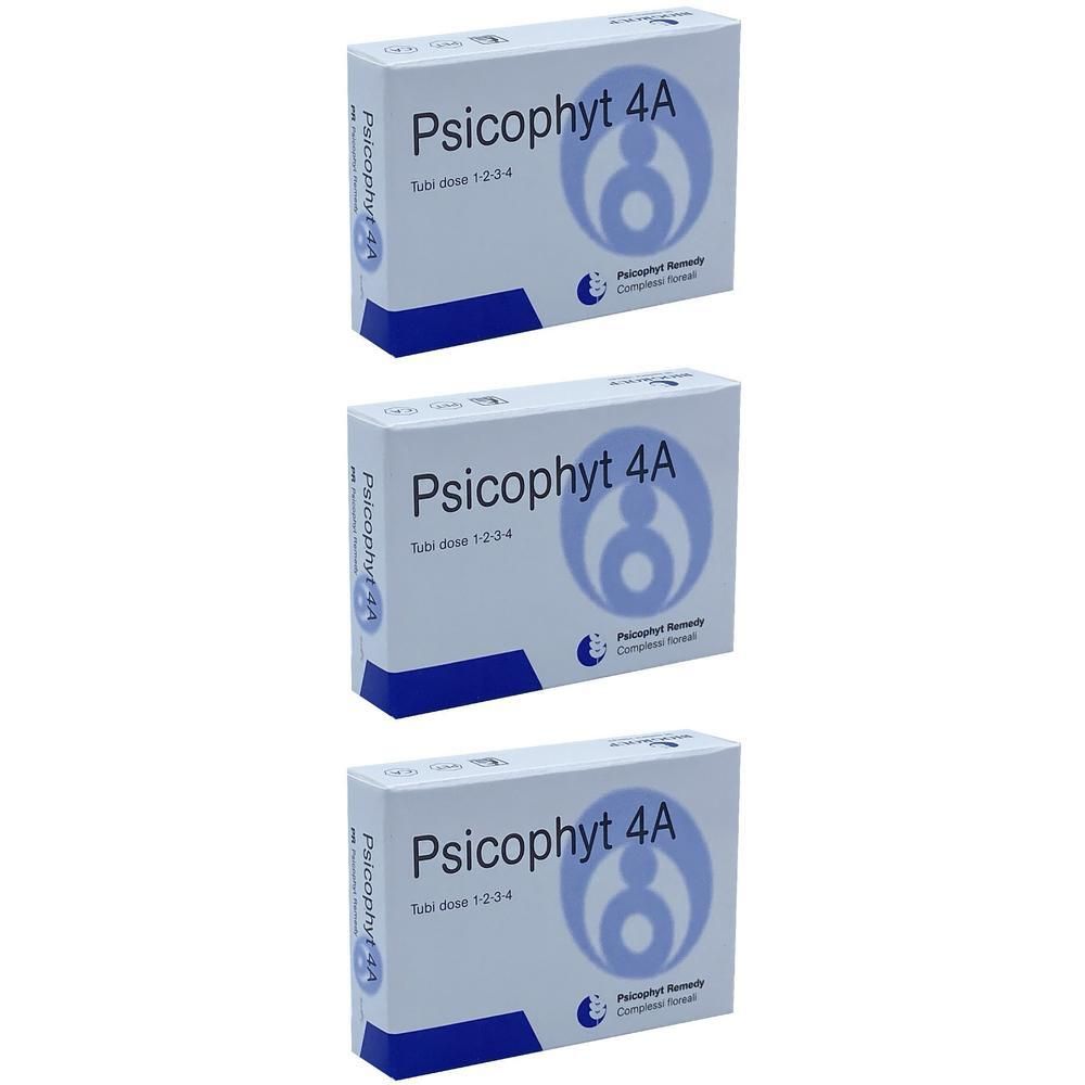 Tre confezioni di Psicophyt 4A con dose per tubo 1-2-3-4. Logo e nome del prodotto sul fronte.