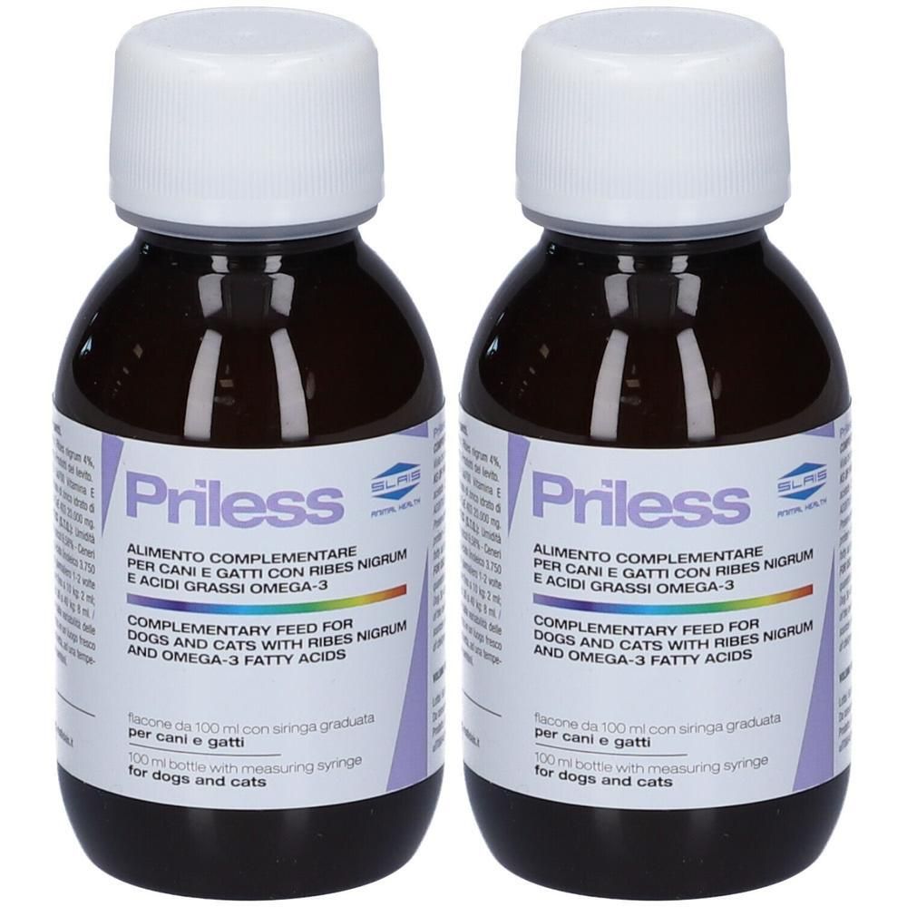 Priless: Due flaconi di mangime complementare per cani e gatti, 100ml con siringa graduata.