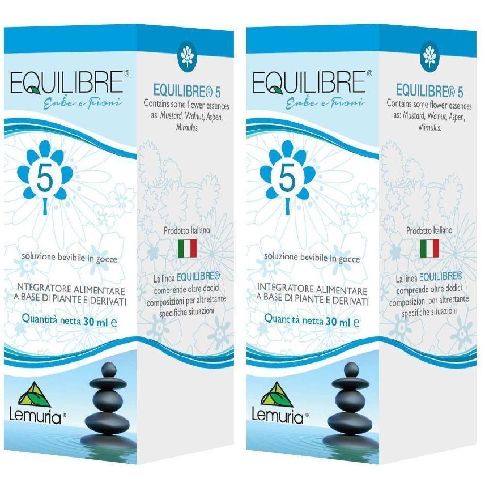 Due confezioni "Equilibre 5 Gocce" da 30 ml. Integratore alimentare a base di piante. Marca Lemuria.