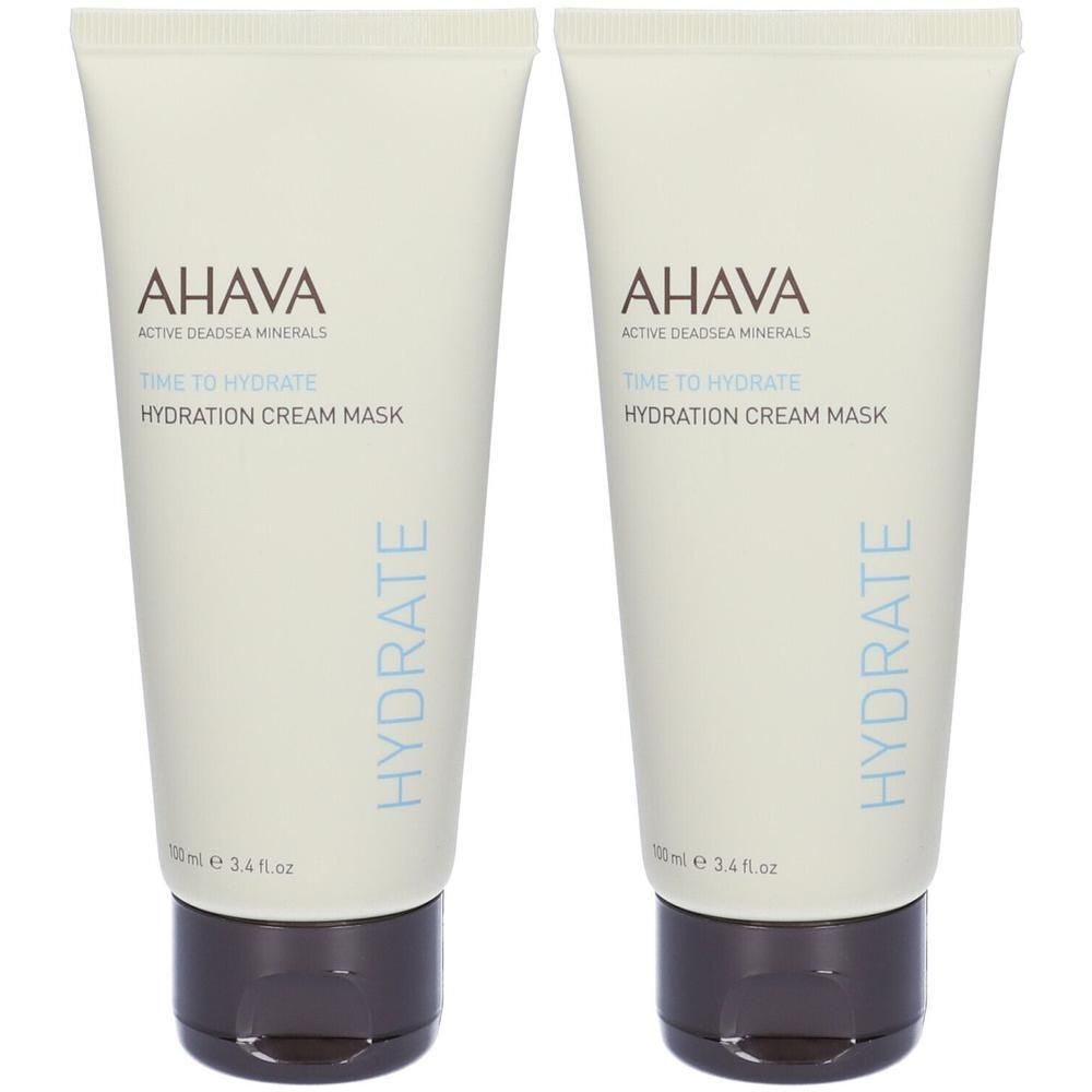 Due maschere crema idratanti AHAVA "Time to Hydrate" in tubetti color crema con tappi scuri.