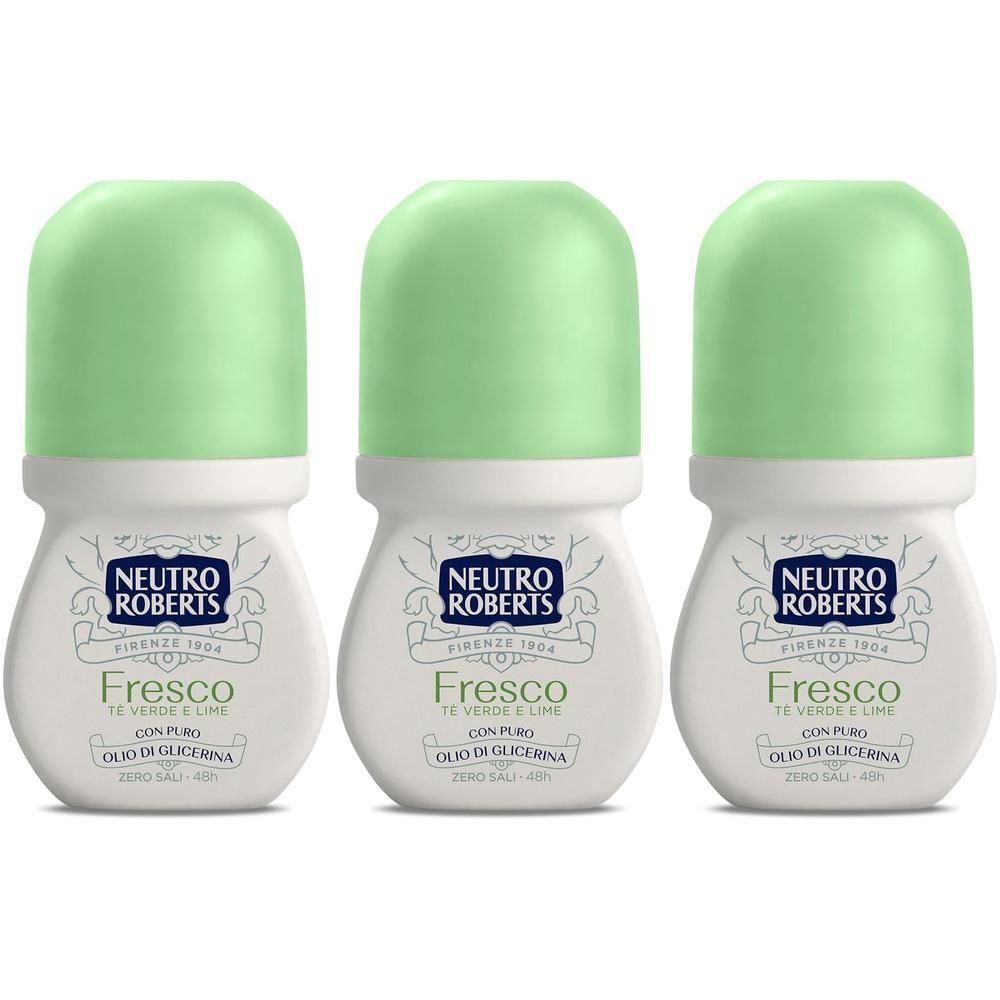 Tre deodoranti roll-on Neutro Roberts Fresco con tappo verde. Flaconi bianchi con etichetta.