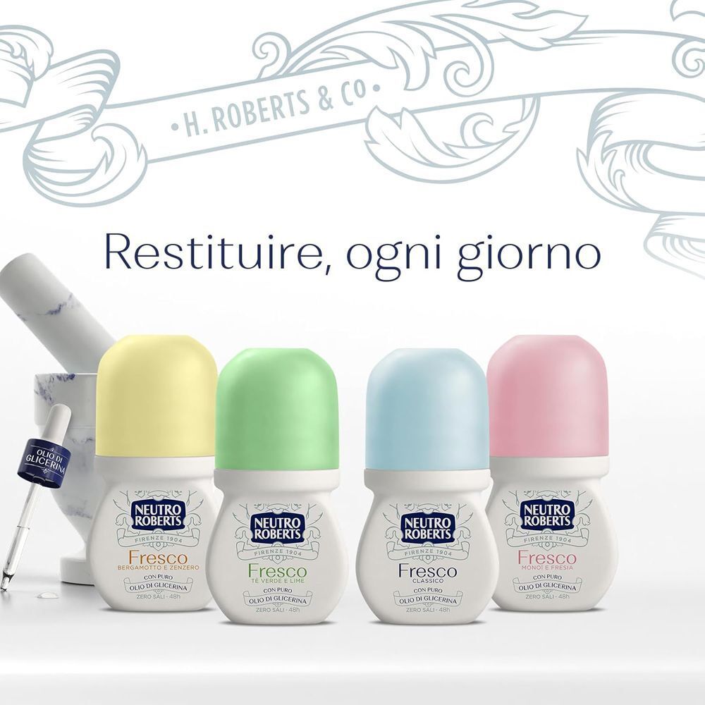 Quattro deodoranti roll-on nei colori giallo, verde, blu e rosa. Ogni flacone ha una base bianca con l'etichetta 'Neutro Roberts Fresco'.
