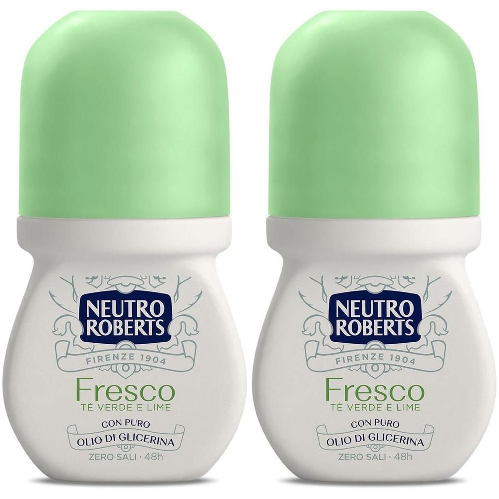 Due deodoranti roll-on Neutro Roberts con tappi verde chiaro. Flaconi bianchi con scritte verdi.