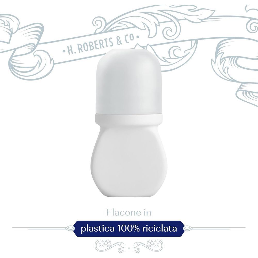 Flacone deodorante roll-on bianco con tappo bianco. Scritta "H. Roberts & Co." in alto. "Plastica 100% riciclata" in basso.