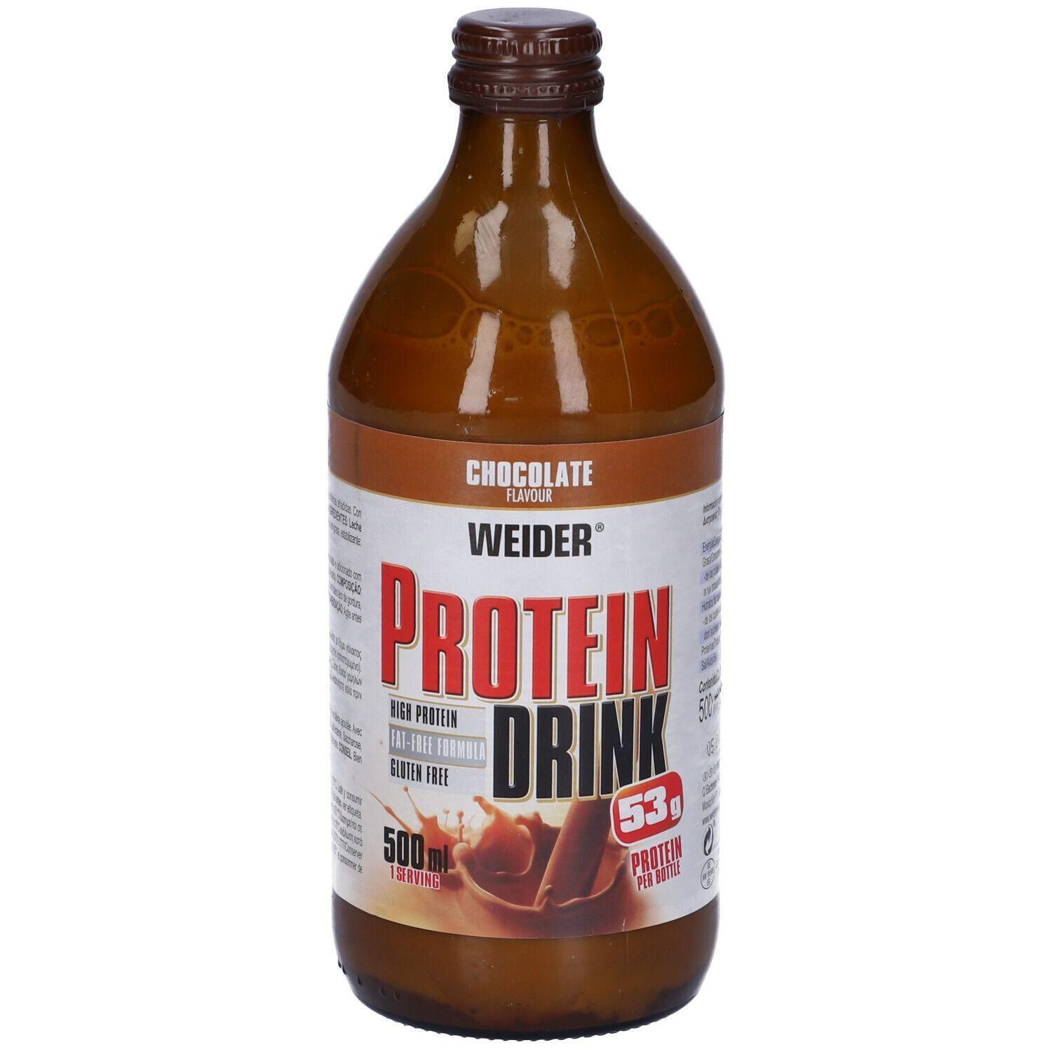 Weider Protein Drink al gusto cioccolato, bottiglia da 500 ml.